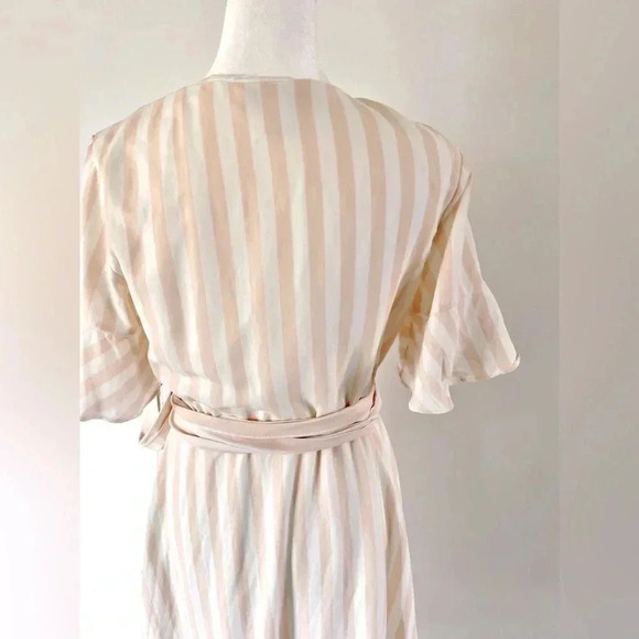 Rachel Parcell Linen Blend Wrap Dress Pink and White‎ Striped Ruffle Midi Small - Picture 10 of 13